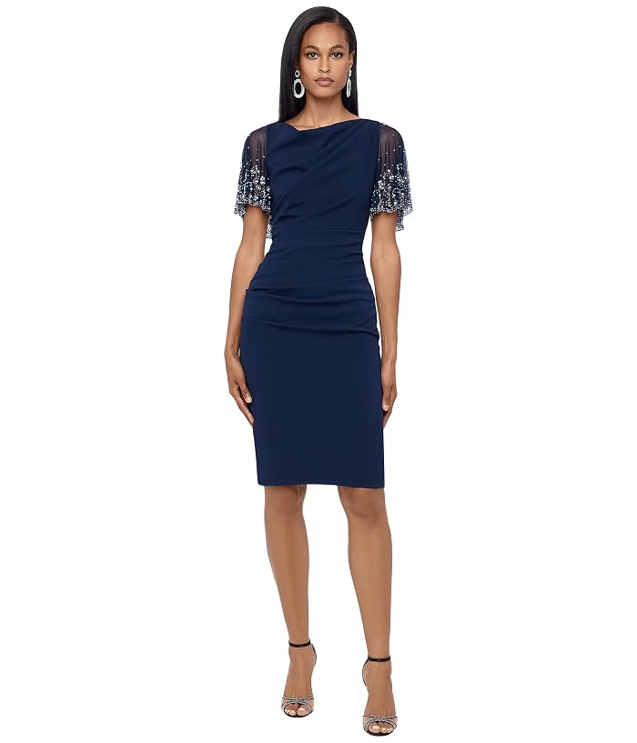 Women's Betsy & Adam Short Rouched Crepe w/Beaded Flutter Sleeve